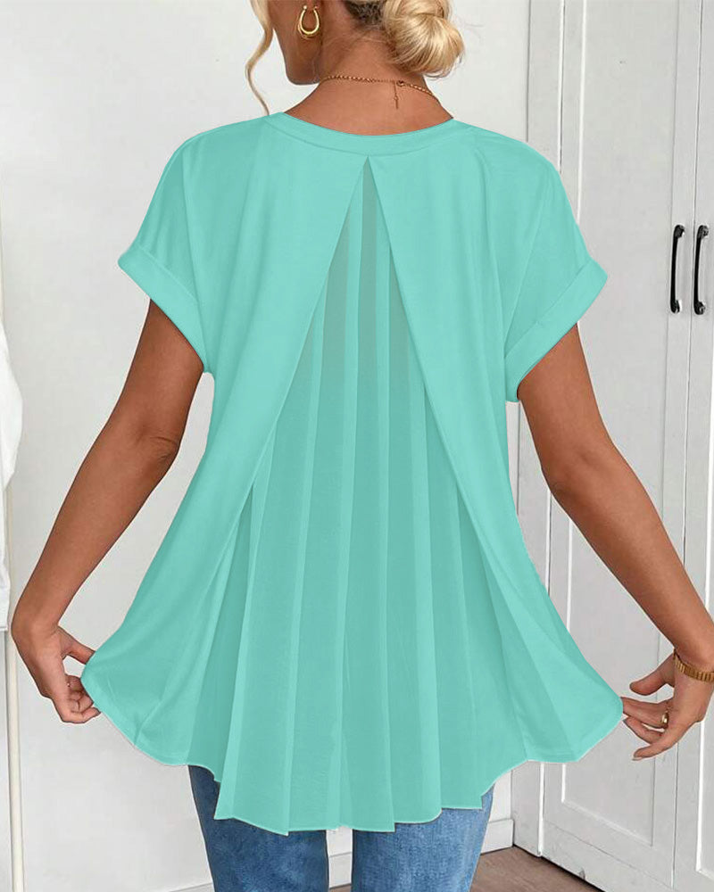 Camiseta de Manga Corta Lisa con Detalle Patchwork