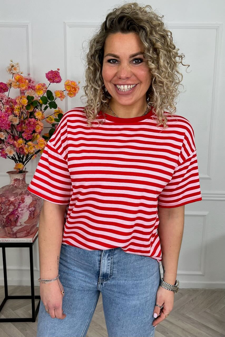 Camiseta de manga corta a rayas imprescindible - Rojo/Rosa