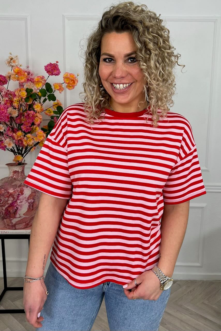 Camiseta de manga corta a rayas imprescindible - Rojo/Rosa