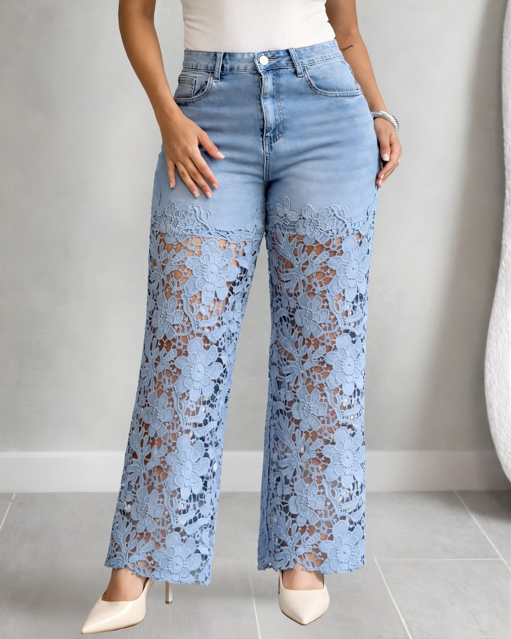 Pantalones Palazzo Regina de encaje macramé: elásticos, 100 % fabricados en Italia, con efecto push-up que realzan los glúteos, disimulan las imperfecciones y realzan la silueta sin apretar.
